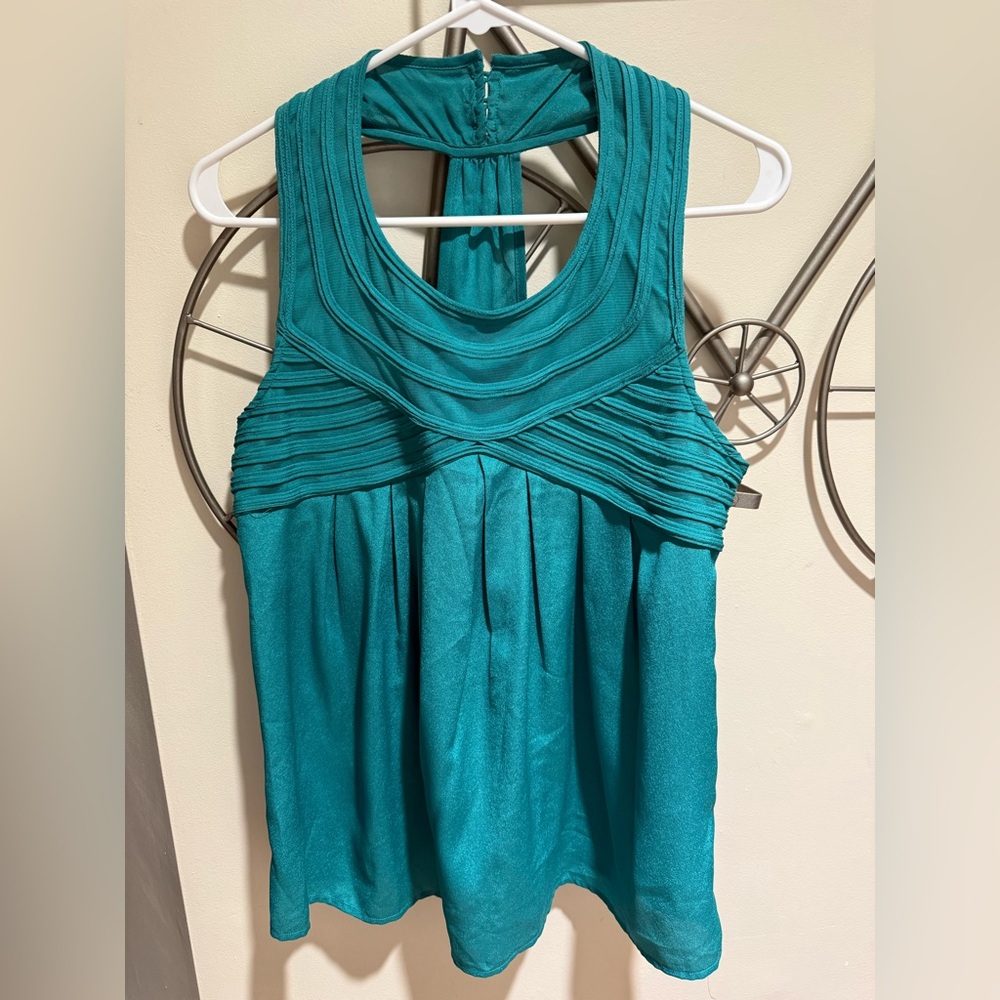 Aqua Teal Pleated Racerback Halter Top Blouse Size L Y2K